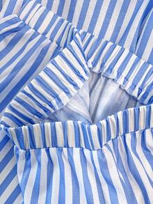 GlowEve CURVE Women's Summer 2-Piece Set, White Striped Linen-Like Fabric, Casual Vacation, Daily Leisure Smart Casual Minimalist Beach Formal Loose Cooling Set - Blue and White - View 4