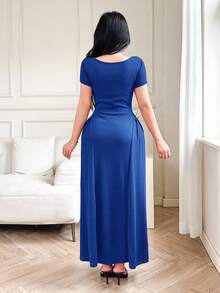 Feyla Damen Einfarbiges Kleid mit Schleifendekor, Kurzarm, elegant - Blau - Übersicht 3