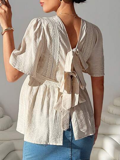 MaterniWear Camisa de maternidad casual y cómoda con parches de encaje y lazo delantero