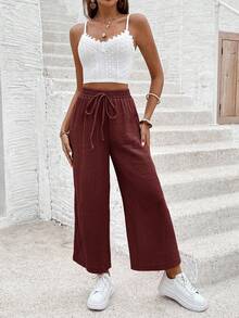 SHEIN Frenchy 女士纯色腰带宽松阔腿休闲裤，适合度假穿着 - 咖啡棕 - 查看 5