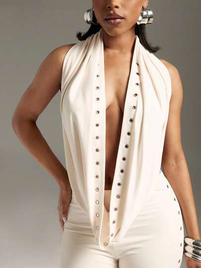 Denimoi Women's Sexy Hoop Decor Plunging Neck Backless Halter Top