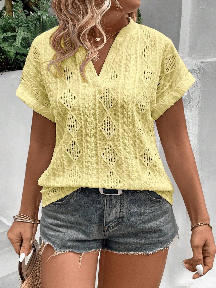 EMERY ROSE Áo thun cổ chữ V họa tiết thoi jacquard cỡ lớn mới, màu vàng, mùa hè - Màu vàng - Xem 1