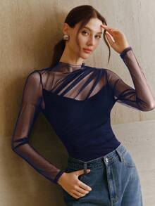 Anewsta New Elegant Fashion Holiday New Year Date Party Fitted Elastic Ruched Mesh Bodysuit, Versatile & Sexy For Women, Spring/Summer - Navy Blue - View 3