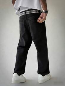 PAVTROS 男士街头风流行INS蜘蛛网和爱心刺绣黑色水洗直筒阔腿牛仔裤 - 黑色 - 查看 2