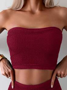 Swim Basics 女款夏季海灘度假純色平口時尚比基尼泳衣套裝 酒紅色 - 紅色 - 查看 6