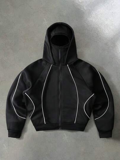 PAVTROS 男士街头风条纹撞色双层拉链连帽衫