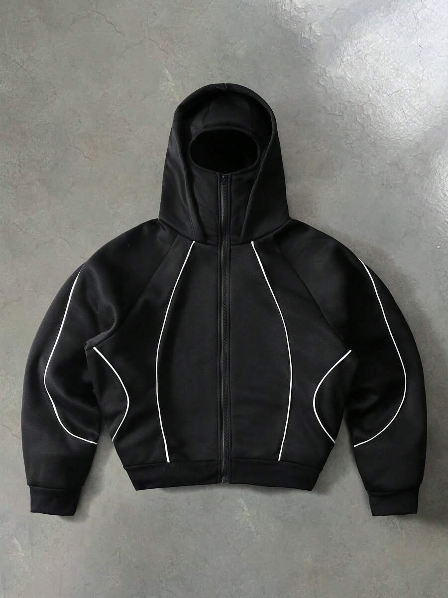 PAVTROS 男士街头风条纹撞色双层拉链连帽衫 - 黑色 - 查看 1