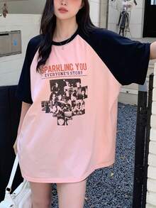 DAZY Figure And Slogan Printed Round Neck Colorblock Raglan Sleeve T-Shirt Graphic Tee - Pink - View 6