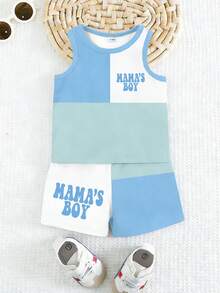 SHEIN Playful Pals 2pcs Baby Boy Casual Colorblock Patchwork "MAMA'S BOY" Letter Print Tank Top And Shorts Set, Suitable For Spring To Summer Outfits - Multicolor - View 5