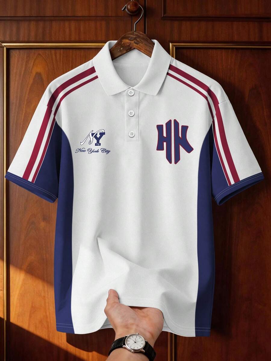 Manfinity Campus Court Retro Colorblock Patchwork Polo Shirt,White Summer Casual Graphic Golf Back-To-School New York NY Letter Print,Collegiate Sports Rugby Shirt Men/Women - Multicolor - View 1