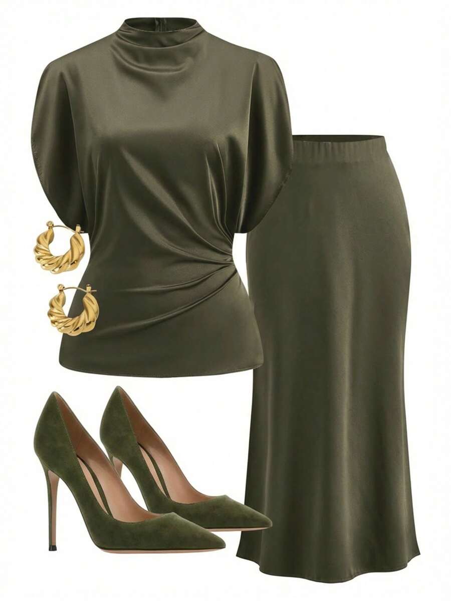 Ellevyn Áo kiểu dáng thoải mái, mềm mại, thanh lịch kết hợp với bộ vest màu nâu bóng mượt kiểu đuôi cá, trang phục công sở. - xanh quân đội - Xem 1