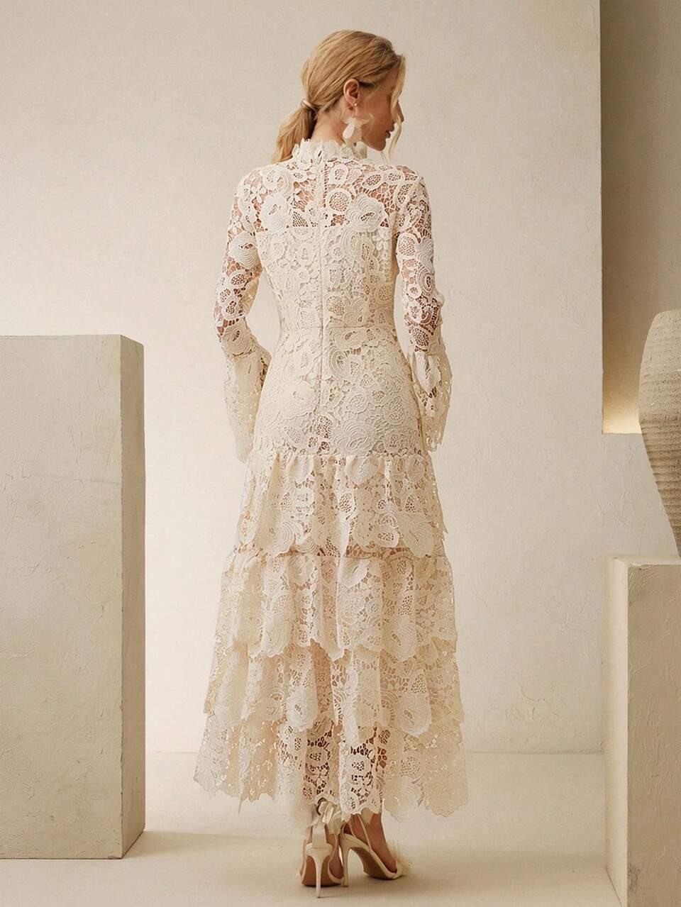 Anewsta Women's Elegant Ruched Hem Waist Cinched Layered Lace Long Sleeve Dress,Beige,Autumn,Wedding Guest,Formal Party Wedding Chic Stylish Work Graduation