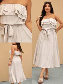 Elaquor Plus Size Women Solid Color Ruffle Hem Minimalist Dress Spring/Summer Casual Vacation Dress For Women Spring Outfit Women, Summer Dresses - Apricot - View 3