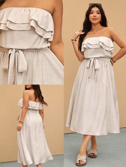 Elaquor Vestido minimalista de talla grande con volantes en el bajo y unicolor