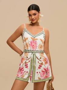 Travachic Bộ jumpsuit nữ cổ chữ V, eo thon, tay ngắn, dáng rộng, họa tiết hoa, thanh lịch, thích hợp mặc hàng ngày, đi nghỉ mát, đi biển, mùa xuân/hè, cỡ lớn. - Nhiều màu - Xem 7