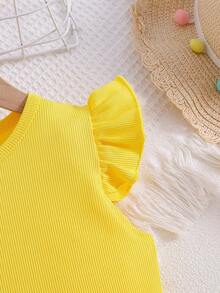 SHEIN Elladie kids 两件套：女童时尚黄色圆领荷叶袖上衣 + 柠檬印花3D蝴蝶结短裤，时尚休闲套装，适合日常、海滩、度假、夏季穿着 - 黃色 - 查看 6