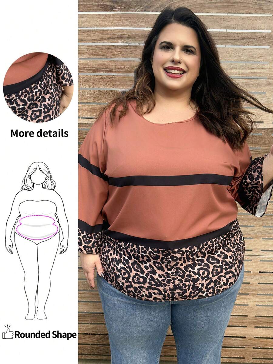 Enliva 休闲简约豹纹条纹全身印花大码圆领 3/4 袖衬衫 - 彩色 - 查看 1