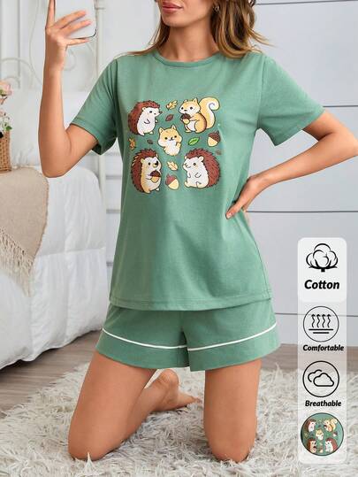 SHEIN 2 Pcs Cottonline Women Cute Hedgehog And Squirrel Patterned Half Sleeve Sleep Top + Sleep Shorts Casual & Cute Comfort Lounge Pajama Set