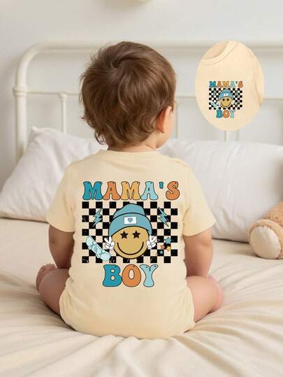 Spring And Summer Infant & Toddler Boys' Casual Fashionable Creative Personality Refreshing Minimalist Cute Kawaii Cartoon Face Plaid Skateboard Lightning Bolt Star Pattern Letter Slogan Graphic Print Casual Basic Round Neck Short Sleeve Romper, Comfortable Daily Outfit, Cozy Summer Styles Suitable For Spring And Summer Baby Boy Atmosphere