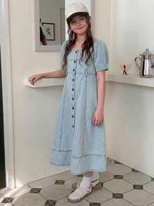 Hapijoa 少女方领短袖牛仔连衣裙，夏季度假阳光连衣裙 - 淺色水洗藍 - 查看 5