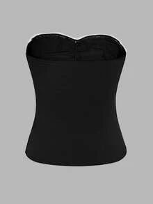 IslaSuriya Women's Lace Patchwork Bow Ruched Bandeau Top - Black - View 2