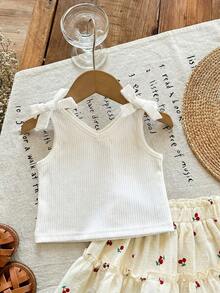 SHEIN LMoss Kids LMoss 女婴针织纯色吊带背心 + 印花雪纺迷你裙两件套 女婴罗纹上衣 女婴夏季裙装套装 女婴裙装套装 樱桃印花裙 女婴夏季服装 女婴春季服装 夏季套装 - 彩色 - 查看 7