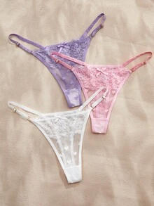 Charlaine 3pcs/Pack Women's Low-Rise Lace Thong Panties, Random Heart Pattern - Multicolor - View 5