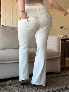 Dazy Plus Stretchy Skinny Long Casual Versatile Flare White Jeans, All Season - White - View 3