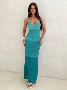 Aloruh Đầm ren móc màu xanh gradient hở lưng gợi cảm, thanh lịch, kiểu dáng nữ thần, thích hợp cho kỳ nghỉ. - Màu xanh lam - Xem 1