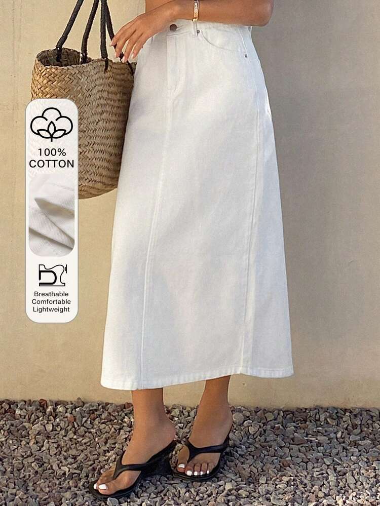 Women's Casual Solid White Straight Denim Skirt, Spring/Summer