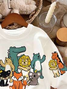 SHEIN 男宝宝休闲卡通动物印花宽松针织柔软厚圆领运动衫，适合秋冬季 - 白色 - 查看 3