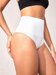 Plain Ribbed Knit Waist Shapewear Thong - White - View 6
