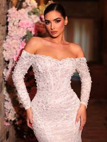 Glamrae Elegante y lujoso vestido de novia de encaje transparente con mangas de perlas y cola de sirena, adecuado para bodas, fiestas, vacaciones, bailes de graduación y eventos nupciales - Blanco - Ver 7