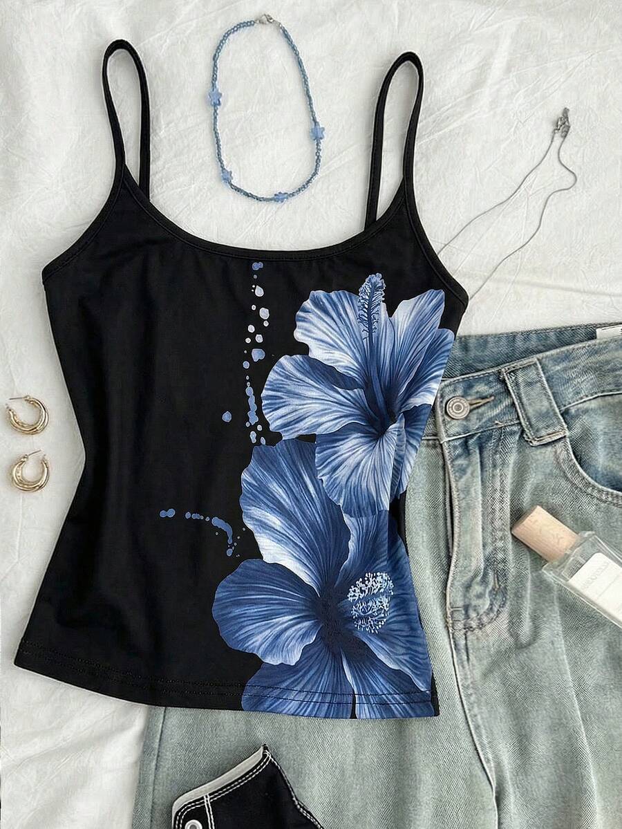 Teen Girls' Casual Vacation Style Black Background Blue Floral Print Camisole Women's Summer Tops Cami Tops For Teen Cami For Girls Flower Top Flower Tank Top Summer Cami Tops Summer Tank Top Flower Cami Top Teen Flower Tops - Black - View 1