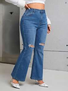 EURMUSE Plus Size Women Pocket Button Distressed Casual Versatile Daily Wear Flare Leg Jeans - Medium Wash - View 4
