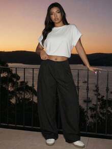 Hourglow Plus Size Casual Versatile Commuting Solid Color Wide Leg Pants, For Hourglass Body Shape - Black - View 3