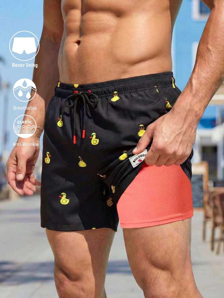 Horizaway 男士休闲印花沙滩短裤 男士带内衬泳裤 男士鸭子印花泳裤 男士抽绳泳裤 - 黑色 - 查看 1