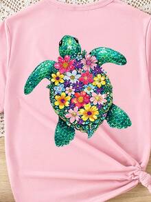 Camiseta corta negra casual con estampado gráfico de tortuga marina, concha marina y estrella de mar, de uso diario cómodo para niñas, para primavera y verano - Rosa - Ver 5