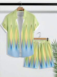 VIVINTIMO 男士几何渐变印花衬衫套装，适合休闲外出、约会、海岛度假，尽享快乐 - 彩色 - 查看 1