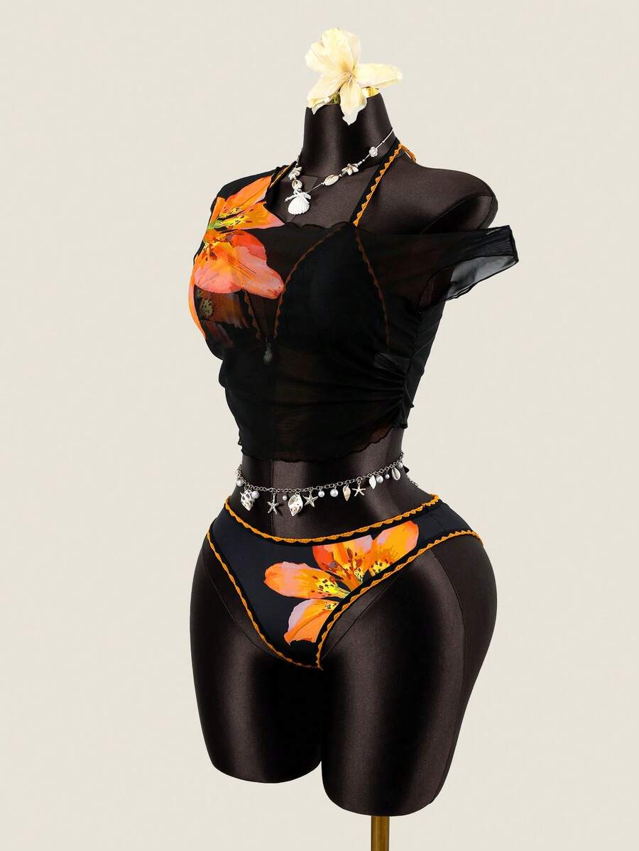 Zestiva Bộ đồ bơi nữ, váy quấn cổ yếm in hoa, trang phục đi biển mùa hè 2 mảnh. - Nhiều màu - Xem 1