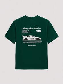 Open Phase 男士标语和赛车印花圆领宽松休闲短袖T恤 - 軍綠色 - 查看 1