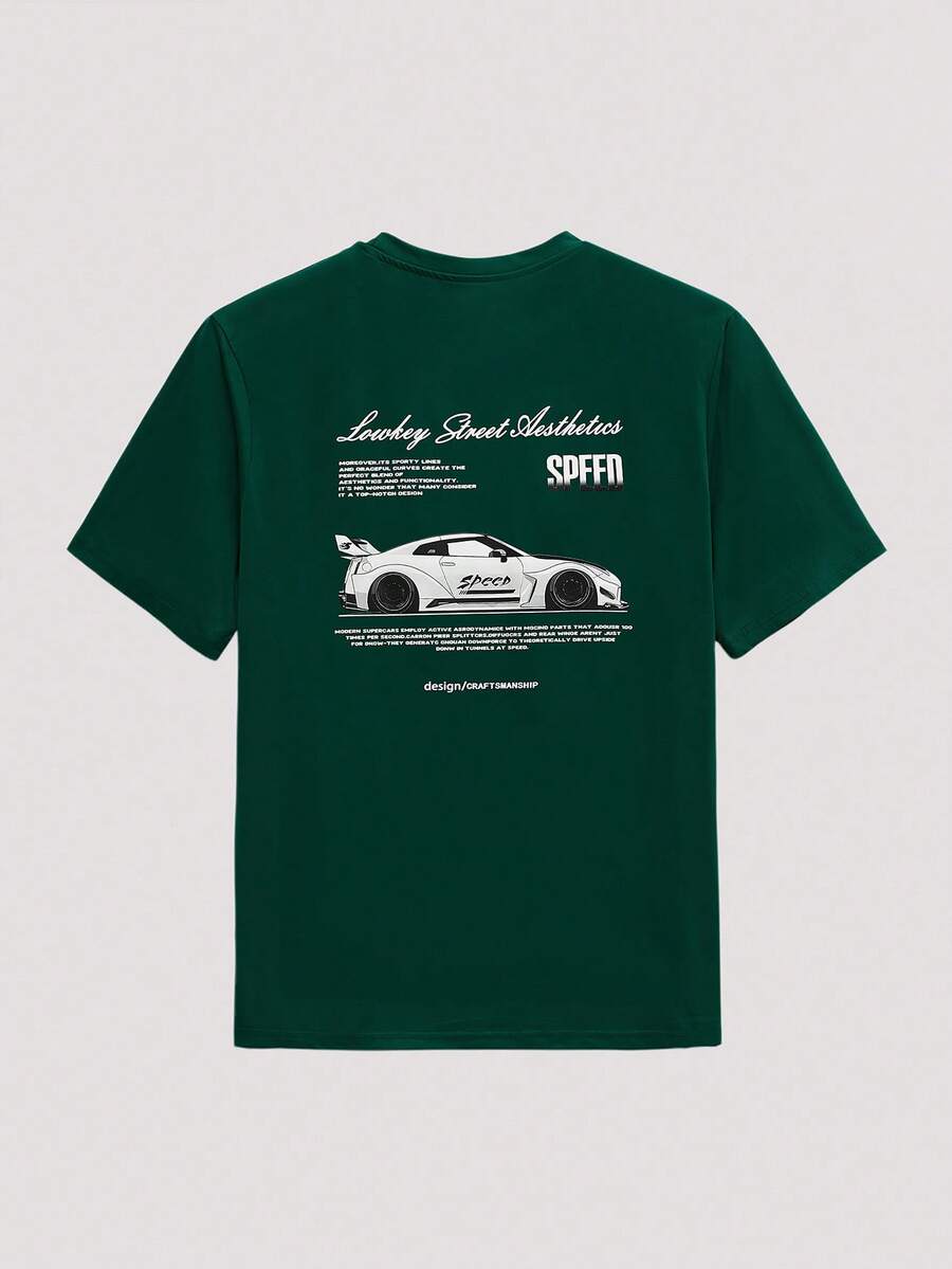 Open Phase 男士标语和赛车印花圆领宽松休闲短袖T恤 - 軍綠色 - 查看 1