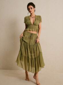 Poéselle Bộ 2 món kiểu Pháp: áo và chân váy phối ren màu trơn. - Màu xanh Ô liu - Xem 5