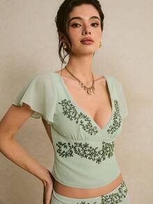 Poéselle 女士植物刺绣荷叶边下摆短袖露脐上衣 - 綠色 - 查看 9
