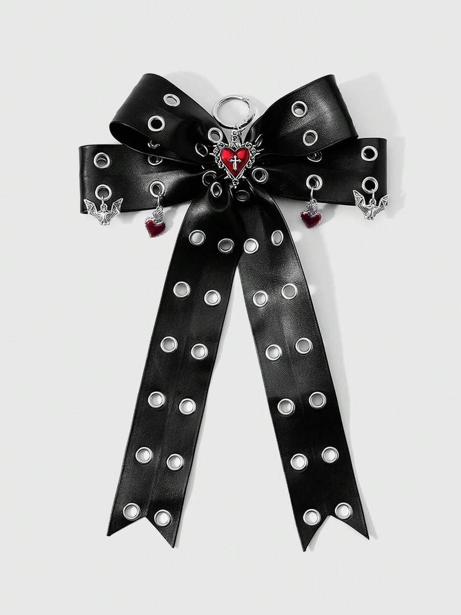 ROMWE Goth 1 Y2k 甜美酷炫宝贝朋克复古个性化暗黑风哥特黑色皮革双排金属透气眼孔吸血蝙蝠滴油皇冠花朵爱心十字架装饰 DIY 钥匙扣包包挂件，适合女孩和女士日常佩戴，节日礼物 - 黑色-21 - 查看 1