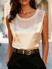 SHEIN Chic Pearl Detailed Cold Shoulder Tank Top Regular Length Champagne Blouse - Champagne - View 1