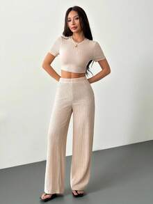 SHEIN PETITE 新款休闲基础运动风春夏圆领短袖露脐T恤+阔腿超长裤玫瑰红条纹针织面料女装两件套-I - 杏色 - 查看 7