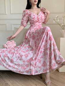 Feyla Nuevo vestido elegante y ajustado con volantes con estampado floral en el bajo, estilo romántico de vacaciones, color rosa - Multicolor - Ver 2