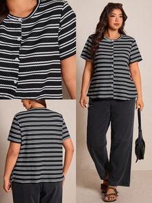 Elaquor 大码女式夏季休闲简约条纹T恤 - 黑與白 - 查看 8