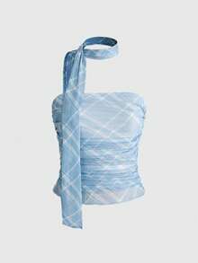 ROMWE Grunge Punk Y2K复古格子围巾抹胸上衣和格子低腰鱼尾裙两件套 - 淺藍色 - 查看 5